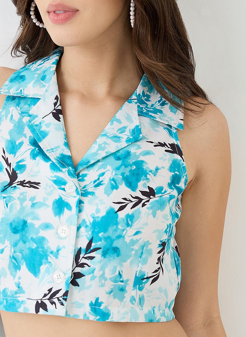 Globus Women Blue Notched Lapel Floral Print Crop Shirt & Wide Leg Trousers Party Co-Ord Set - Image 5